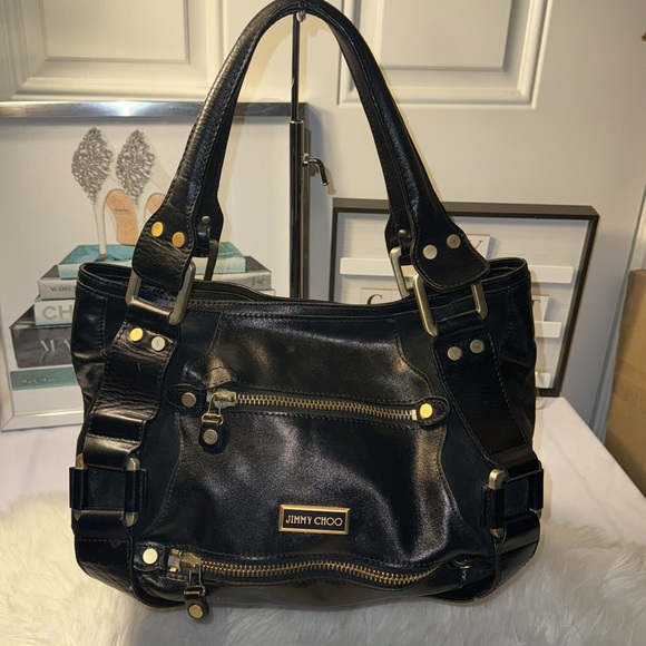 Jimmy Choo Mahala Purse Large Black Leather Double Handle GUC - Picture 3 of 11